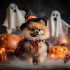 Pomeranian dog dressed in witch costume with spooky decorations for Halloween