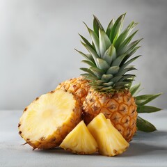 Freshly cut pineapples displayed on a textured surface in bright light
