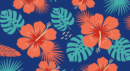 Tropical Flowers and Leaves Seamless Pattern on Deep Blue Background