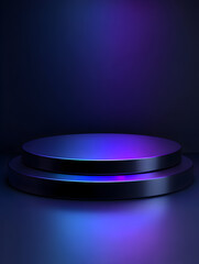 Podium scene with round neon lit stage on dark gradient background suited for product display and premium branding visuals
