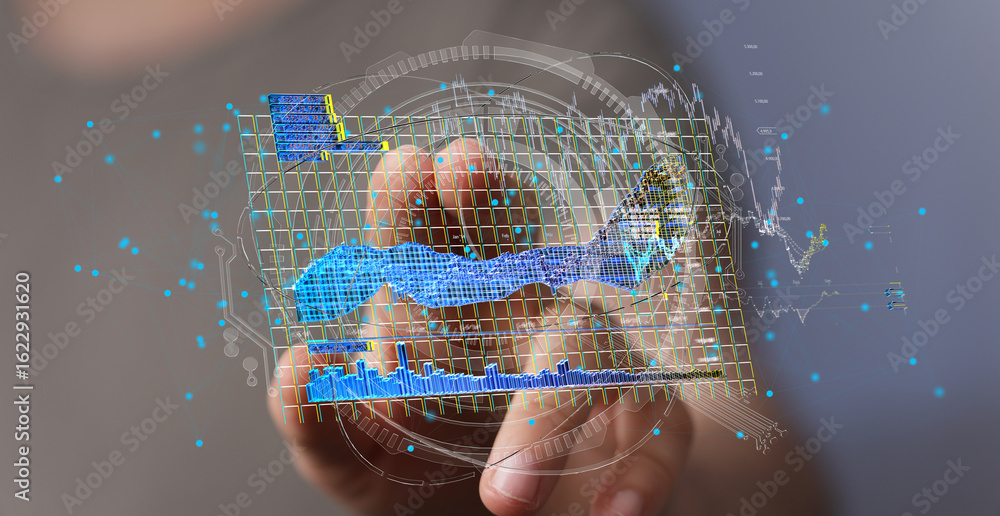 Poster person interacting with a holographic digital display showing charts, graphs, and data visualization