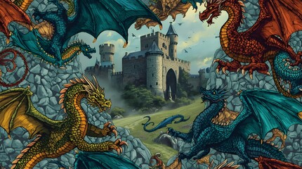 Obraz premium Fantasy Castle Surrounded by Dragons and Knights