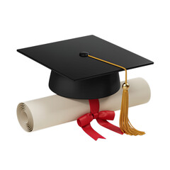 Graduation cap and diploma scroll for academic achievement.

