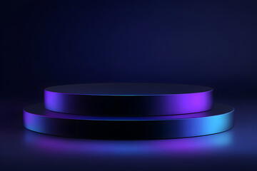 Podium platform featuring glowing blue and purple edge light on a minimal dark studio backdrop ideal for tech and cosmetics showcases