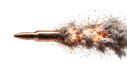 High-Speed Bullet Flying with Smoke and Particle Explosion Effect Isolated on Transparent Background
