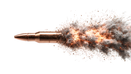 High-Speed Bullet Flying with Smoke and Particle Explosion Effect Isolated on Transparent Background