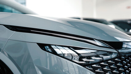 Close-up view of modern car front showcasing sleek design, reflective surfaces, and intricate...