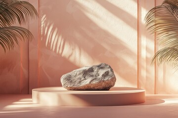 Podium with large rock center surrounded by soft peach walls and palm leaf shadows, organic minimalist stage design with warm tones for elegant product display