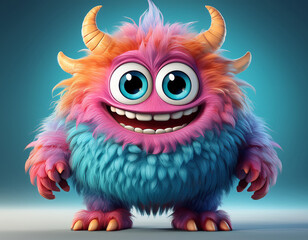 Colorful fluffy monster with big blue eyes, a wide toothy grin and yellow horns. Its pink, orange, and blue fur pops against a gradient blue background.