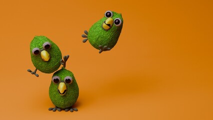 Three grass-textured parrot figurines stacking with one leaping on orange background
