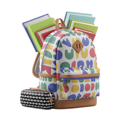 School backpack with books and pencil case for education.

