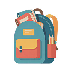 School backpack with books and pencil case for education.

