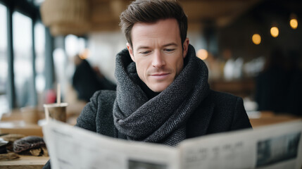 Man in a dark coat and scarf sits in a cozy cafe reading a newspaper, enjoying a relaxed morning atmosphere.