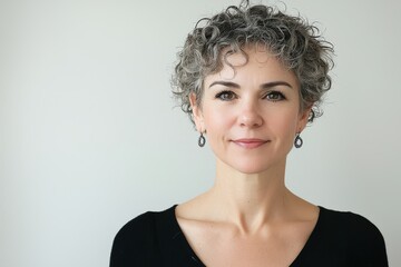 Portrait of adult woman with short curly silver-brown hair and hazel eyes wearing black top and earrings, subtle smile and natural lighting on white background