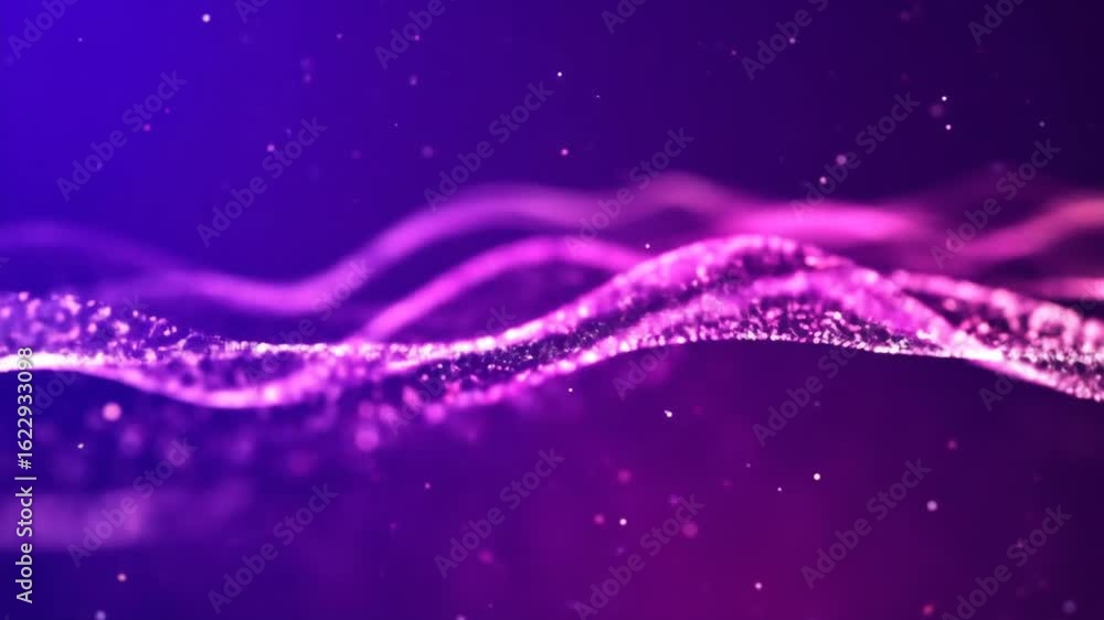 Poster abstract purple particles wave motion background with glowing light effect and dynamic design for mo