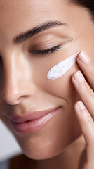 Woman gently applies moisturizing cream under her eye, enjoying her skincare routine with a soft smile.
