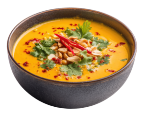 Creamy, vibrant orange soup garnished with peanuts, chili peppers, and cilantro