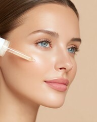 Natural skincare in action for everyday Close-up of a woman applying skin serum to her face Beauty routine with serum on glowing skin. highlighting beauty and skincare routines