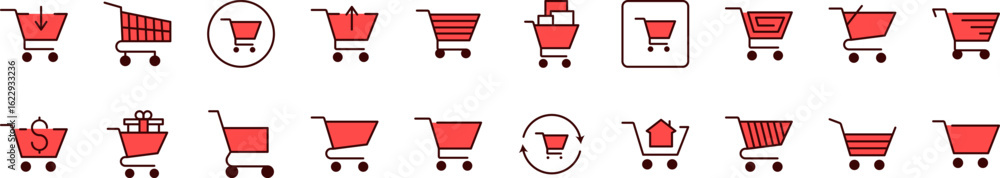 Poster collection of filled color icons of red shopping cart. minimalistic linear pictogram for web and gra