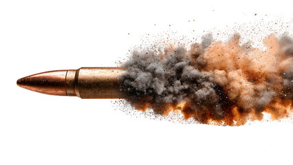 High-Speed Bullet Flying with Smoke and Particle Explosion Effect Isolated on Transparent Background