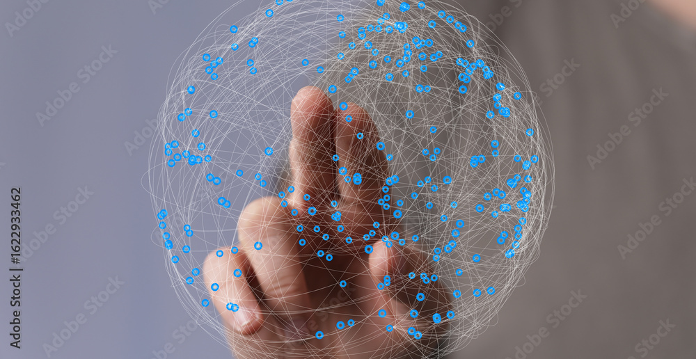Aufkleber abstract image depicting a hand interacting with a digital network sphere. perfect for technology, c