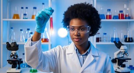 African American Female Scientist in Lab Examining Test Tubes