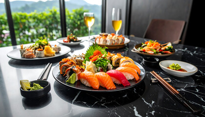Sushi platter display at a modern restaurant with a scenic view.