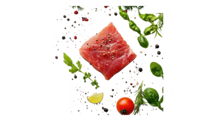 Fresh ingredients showcased with meat piece surrounded by herbs and spices on transparent background