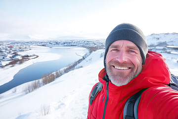 Young Man Smile Camera Taking Selfie Photo In Winter Snow Forest Guy Outdoors Walking White Park