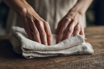 Hands Folding Linen: A close-up shot captures the elegance of hands carefully folding a piece of linen cloth on a wooden surface, emphasizing textures and details of the fabric.