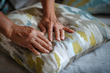 Caring Embrace: Hands delicately rest on a soft, patterned pillow, conveying a sense of comfort, peace, and gentle touch.