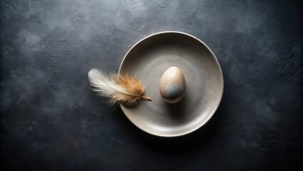 Obraz premium A single speckled egg rests on a neutral-toned plate, accompanied by a delicate feather on a dark textured surface
