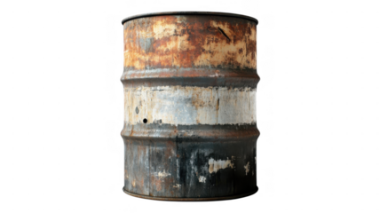 Weathered metal barrel with rust and peeling paint against an transparent background