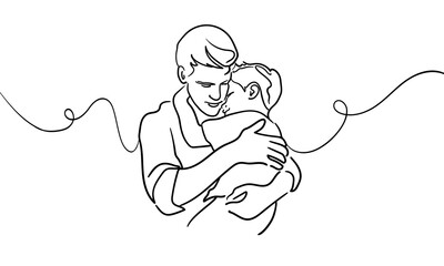 Continious line happy father hugs his son on white background. Parents with baby outline. Line art drawing. Vector illustration