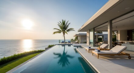 Fototapeta premium Stunning Infinity Pool Overlooking Ocean at Golden Hour – Modern Luxury Villa