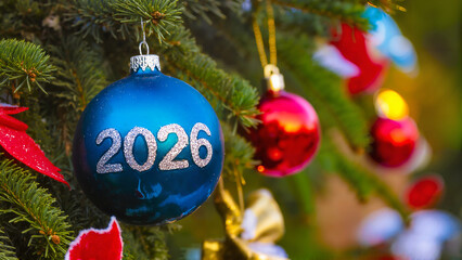 Blue Christmas Ornament with Silver 2026 Numbers. Glossy Blue Holiday Bauble with Metallic Text. Silver Lettering on Blue Christmas Ball Close-Up. Elegant Blue Christmas Ball with 2026 Inscription.