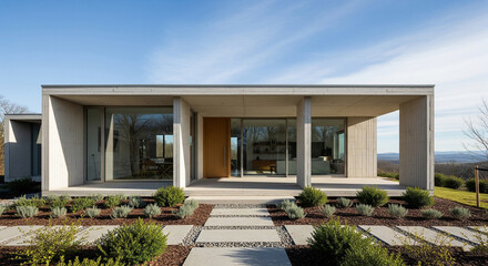 Modern home with large glass panels, a covered porch, and minimalist landscaping