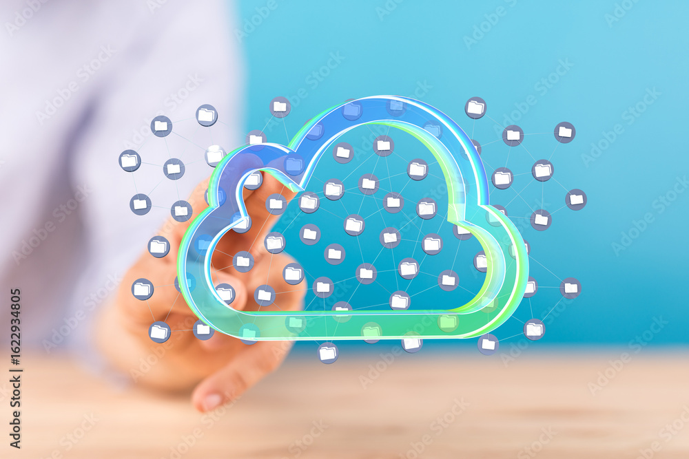 Poster secure cloud storage, data sharing, network technology. digital transformation.