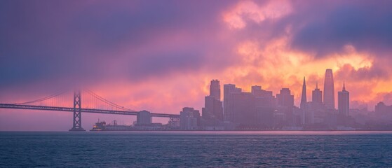 Naklejka premium San Francisco Bay Bridge and City Skyline at Sunset