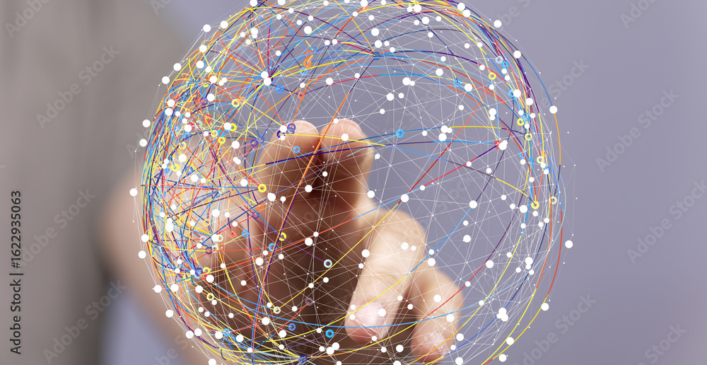 Poster abstract image of a hand interacting with a digital global network sphere. represents connection, te