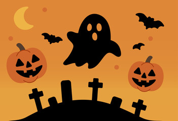 Halloween Night Scene with Ghost and Pumpkins