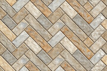 Herringbone pattern of textured natural stone bricks