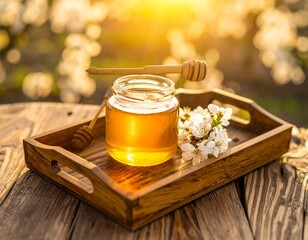 Golden Hour Honey Tea: Amber Liquid in Glass Jar with Wooden Dipper on Wooden Tray