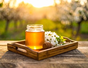 Golden Hour Honey Tea: Amber Liquid in Glass Jar with Wooden Dipper on Wooden Tray