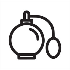 Perfume bottle outline vector icon. Simple black and white line art illustration of a vintage atomizer. Symbol for fragrance, scent, beauty, and luxury.
