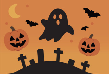 Halloween Night Scene with Ghost and Pumpkins