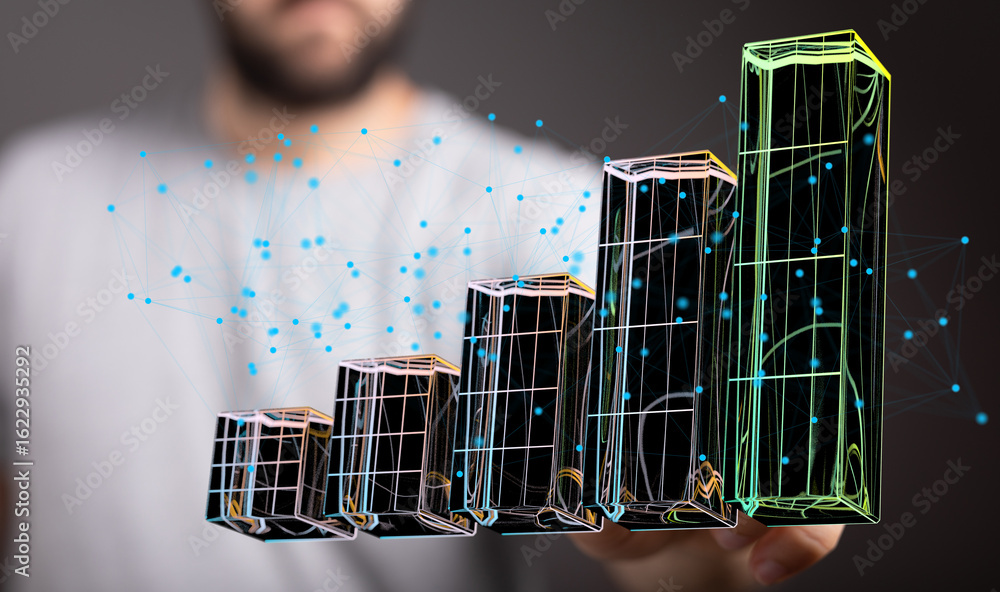 Poster stock photo of a person interacting with a 3d bar graph illustrating business growth and data connec
