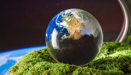 Close-up of a floating water bubble in a spaceship cabin, reflecting the astronaut and Earth outside the window, futuristic soft lighting, macro shot