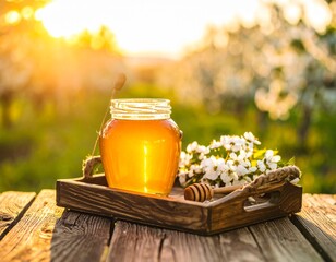 Golden Hour Honey Tea: Amber Liquid in Glass Jar with Wooden Dipper on Wooden Tray