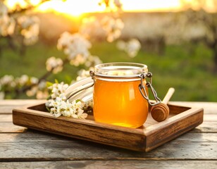 Golden Hour Honey Tea: Amber Liquid in Glass Jar with Wooden Dipper on Wooden Tray
